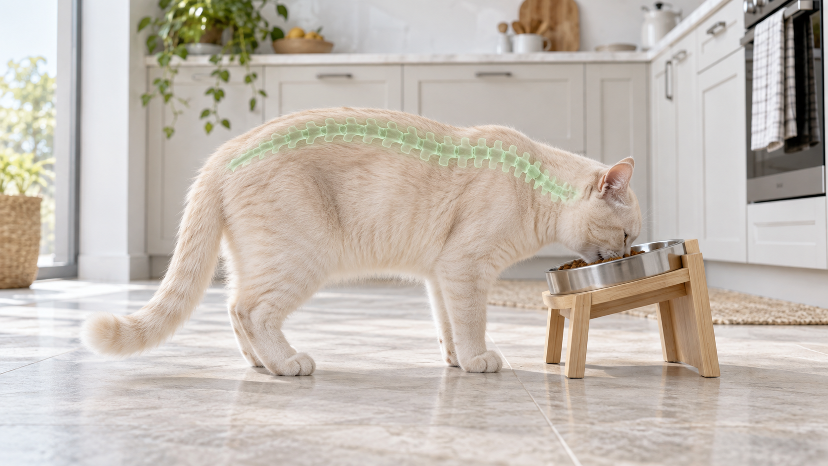 Chat européen clair devant une gamelle surélevée, dos souligné en vert