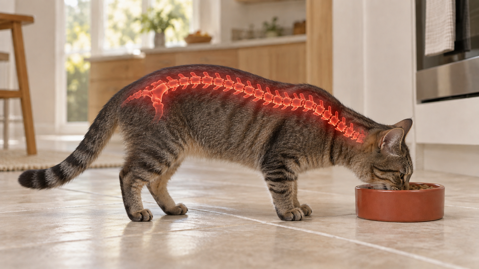Chat européen tigré mangeant dans une gamelle au sol, avec une surimpression rouge le long du dos