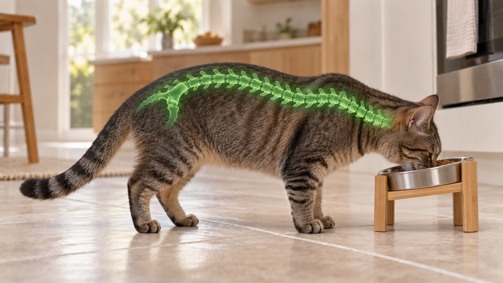 Chat européen tigré mangeant dans une gamelle en inox sur un support surélevé et incliné