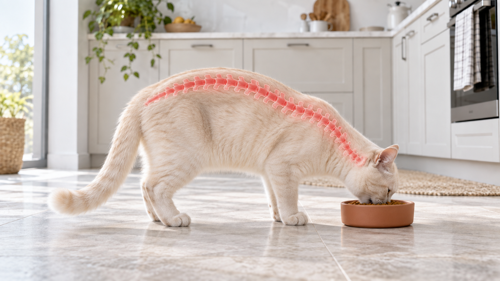 Chat européen clair mangeant au sol, dos souligné en rouge
